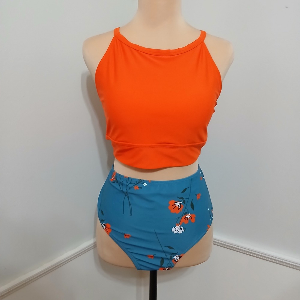 Womens High Neck Bikini Set Orange Crop Top Floral High Waist Bottoms Teal L New - Picture 3 of 7